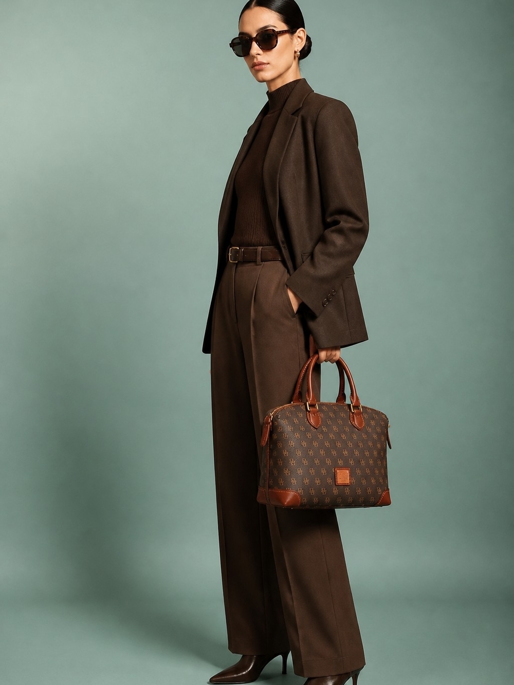 Dooney & Bourke Signature DB Monogram Satchel Brown Cognac Leather Trim - Picture 6 of 16